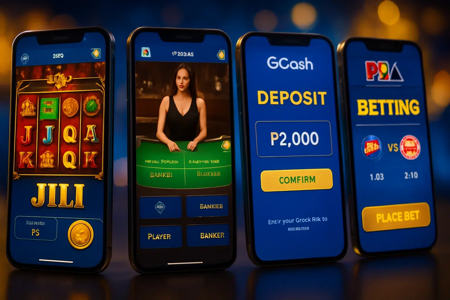 Multiple Android screens showing Philippine casino app with slots, baccarat, GCash deposit, sports betting