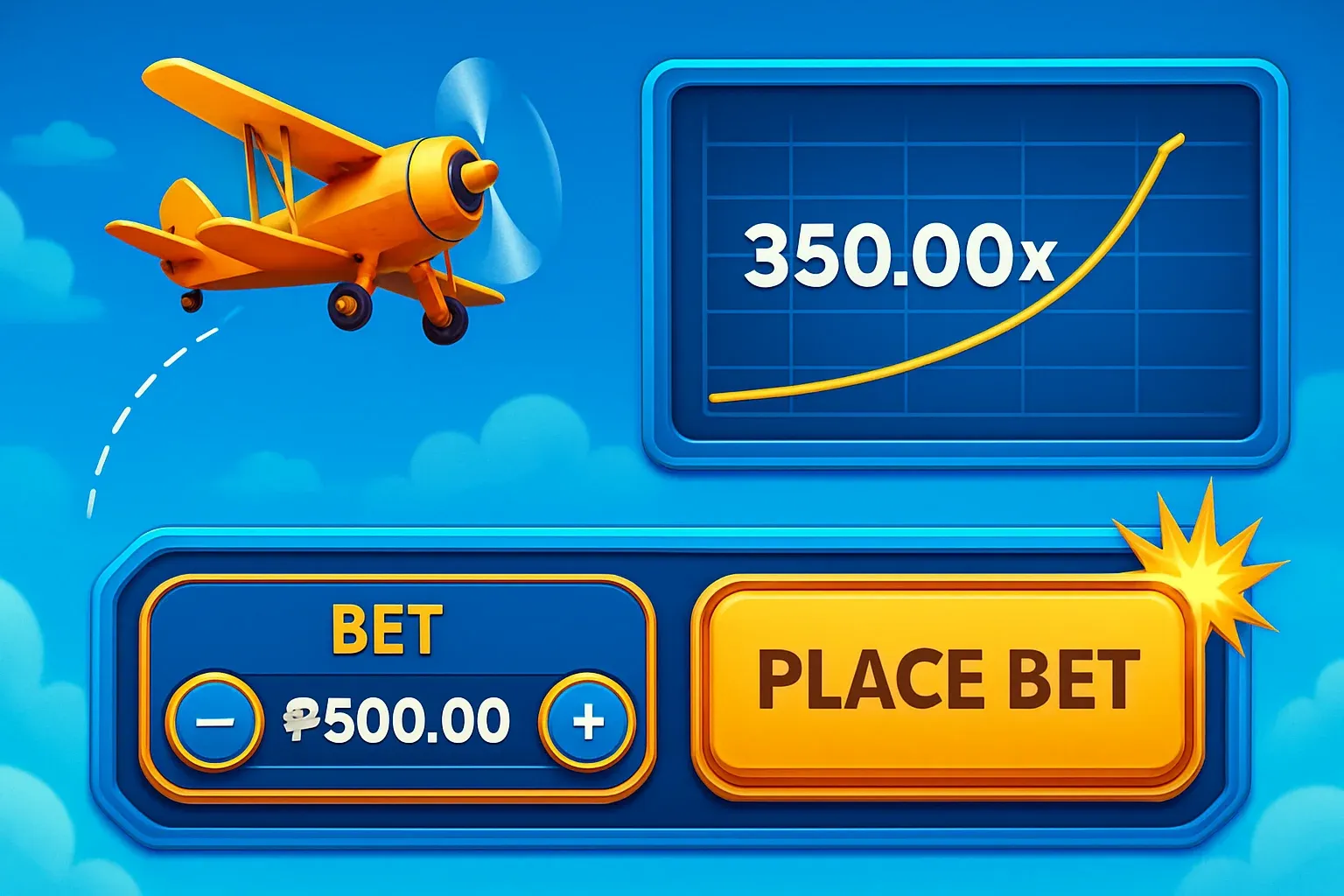 Close-up aviator game interface with plane trajectory, multiplier graph, and PHP bets