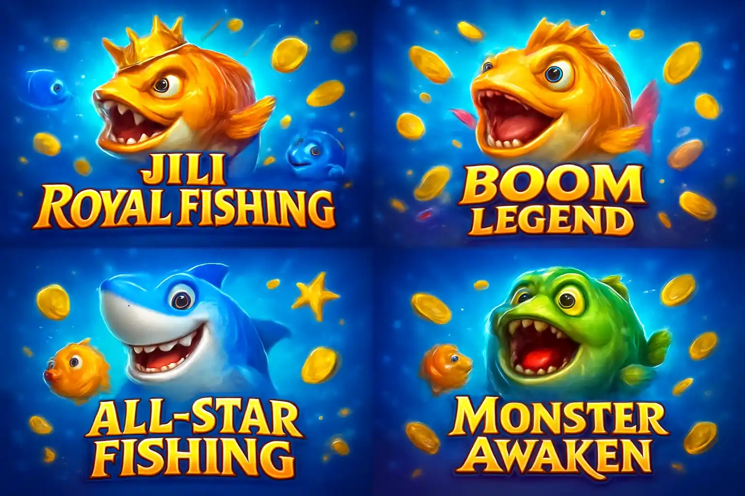 Grid of popular Philippine fishing game thumbnails in vibrant casino ocean colors