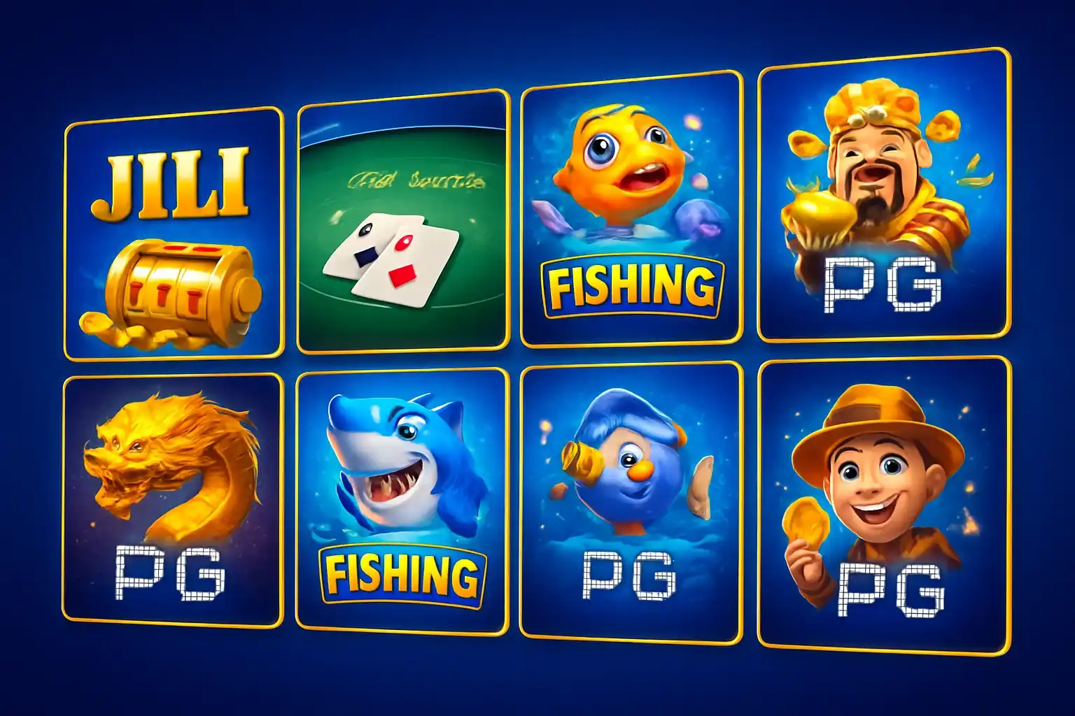 Colorful grid of Philippine casino game thumbnails with blue and gold UI