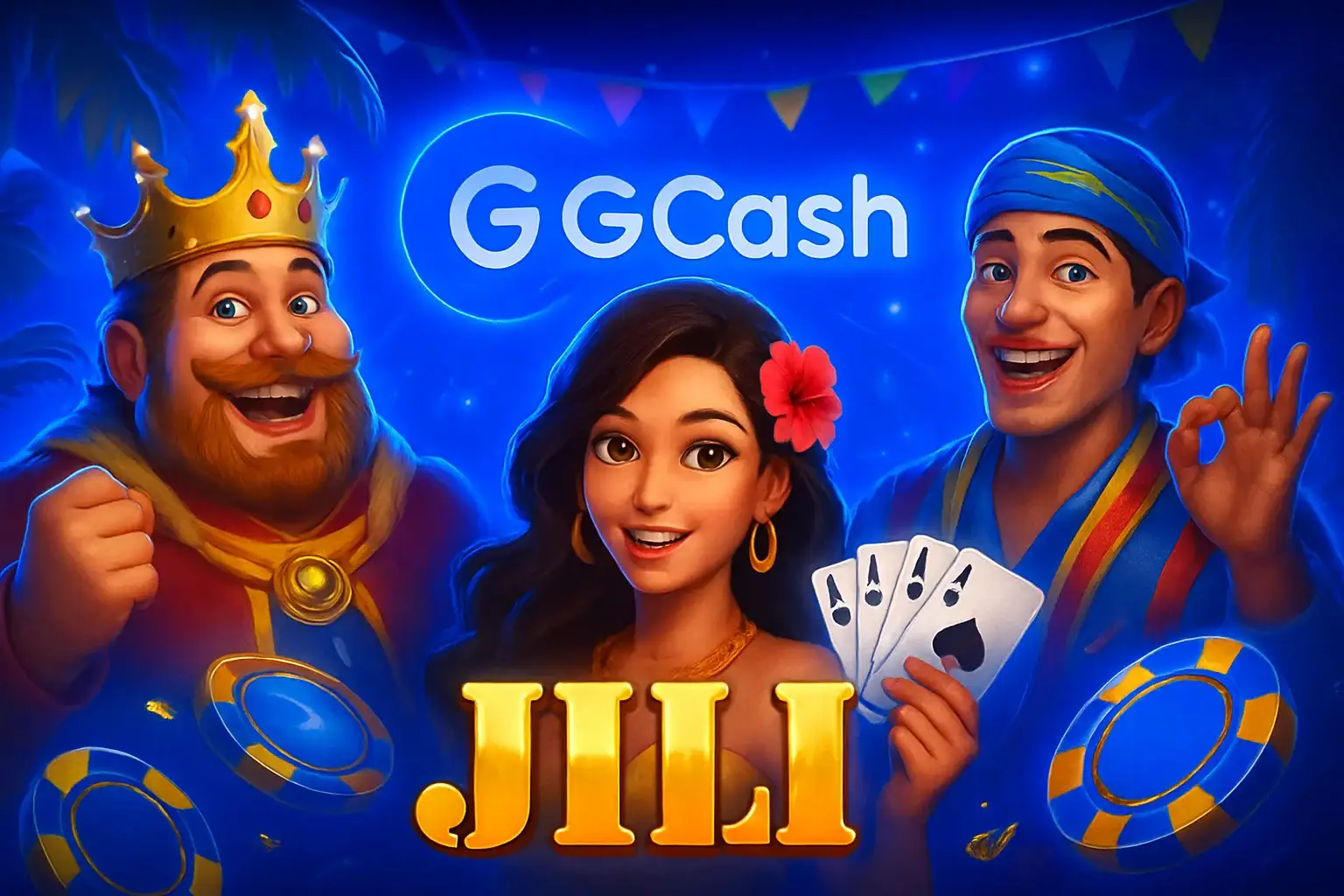 Vibrant Philippine online casino hero banner with JILI characters and GCash badge
