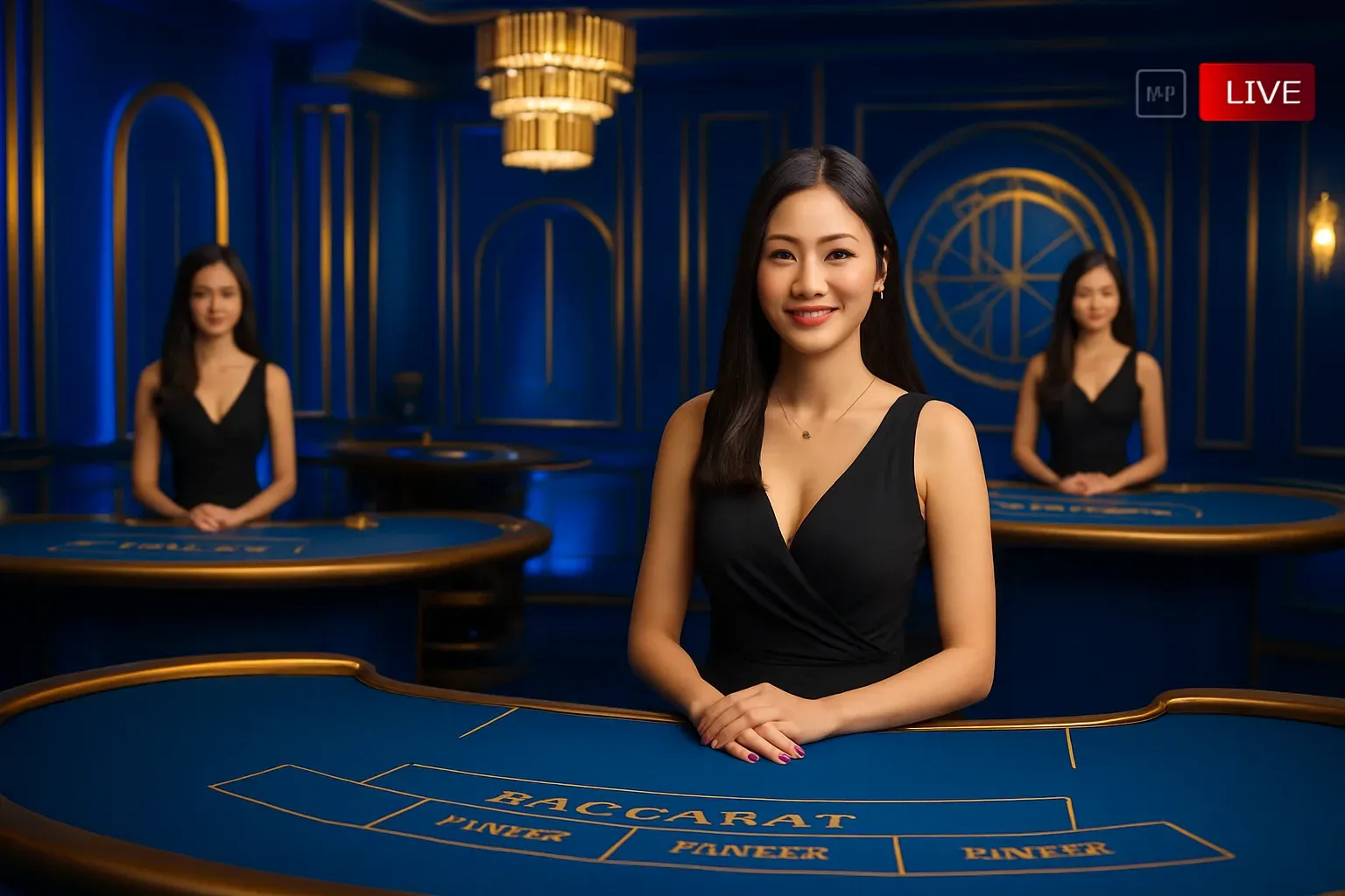 Elegant live casino studio with Asian dealers, baccarat and blackjack tables