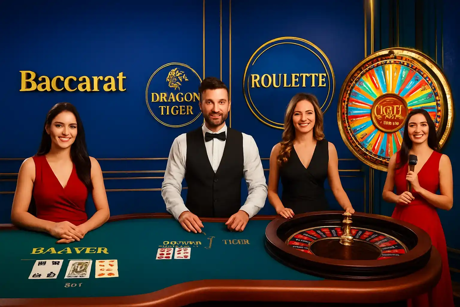 Live casino game cards with dealers, baccarat, roulette, Crazy Time wheel