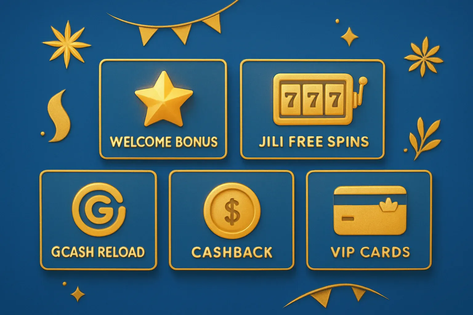 Welcome bonus, JILI free spins, GCash reload, cashback and VIP cards display