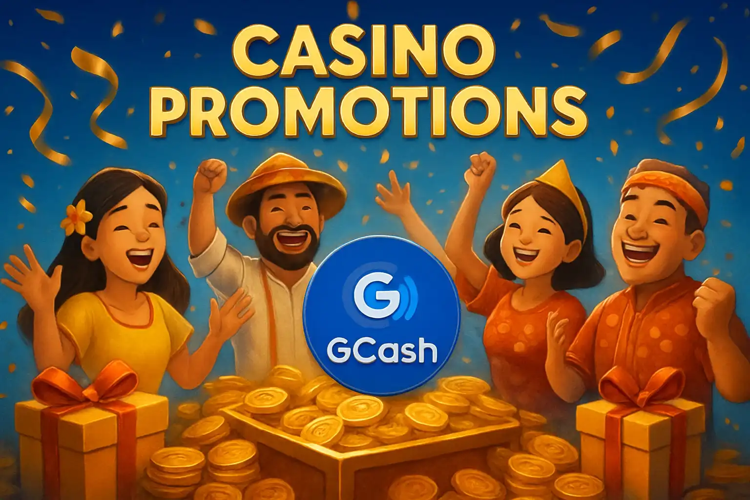 Philippine casino promotions banner with GCash badge, JILI characters, gold coins