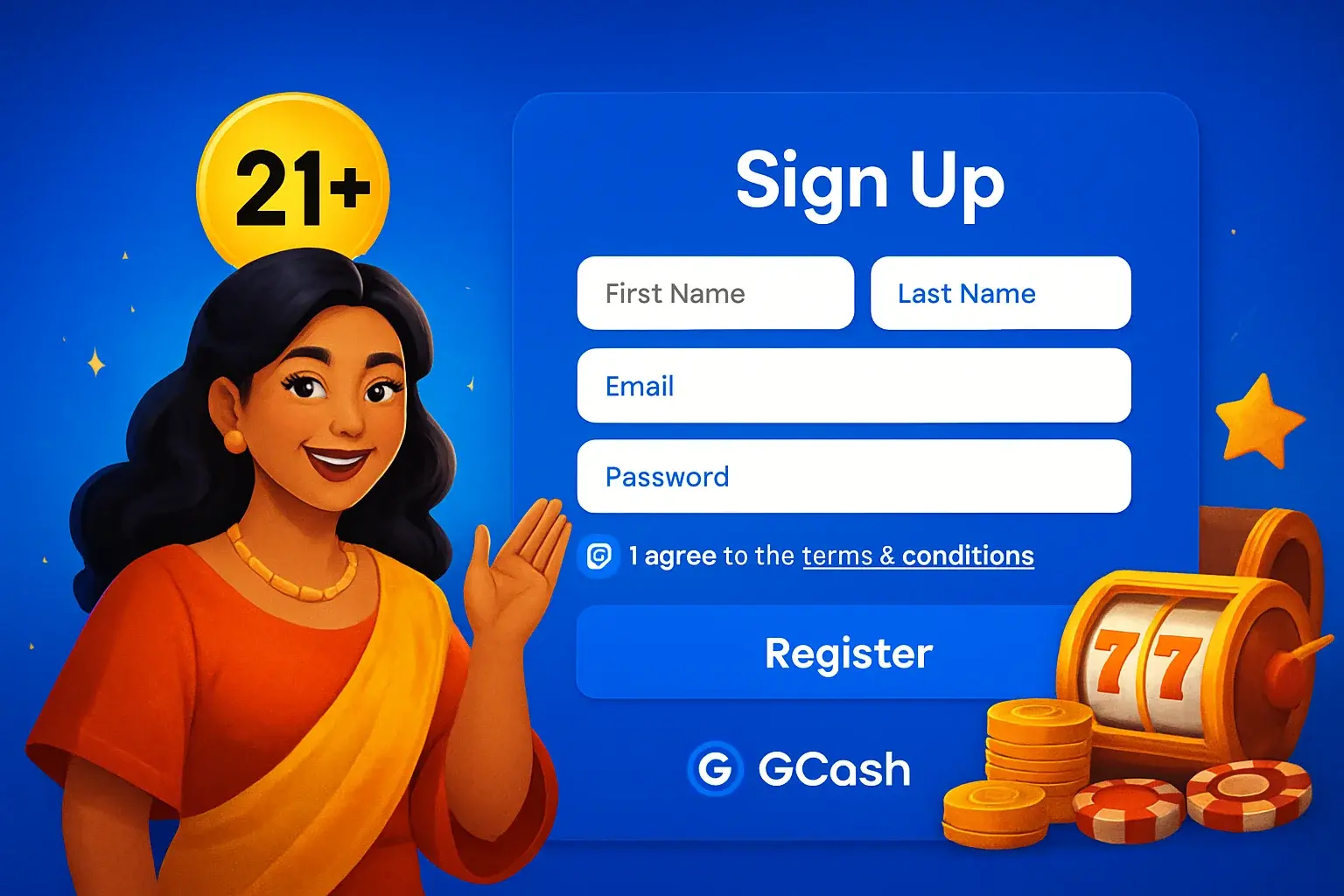 Philippine casino registration page with GCash logo and gold 21+ badge