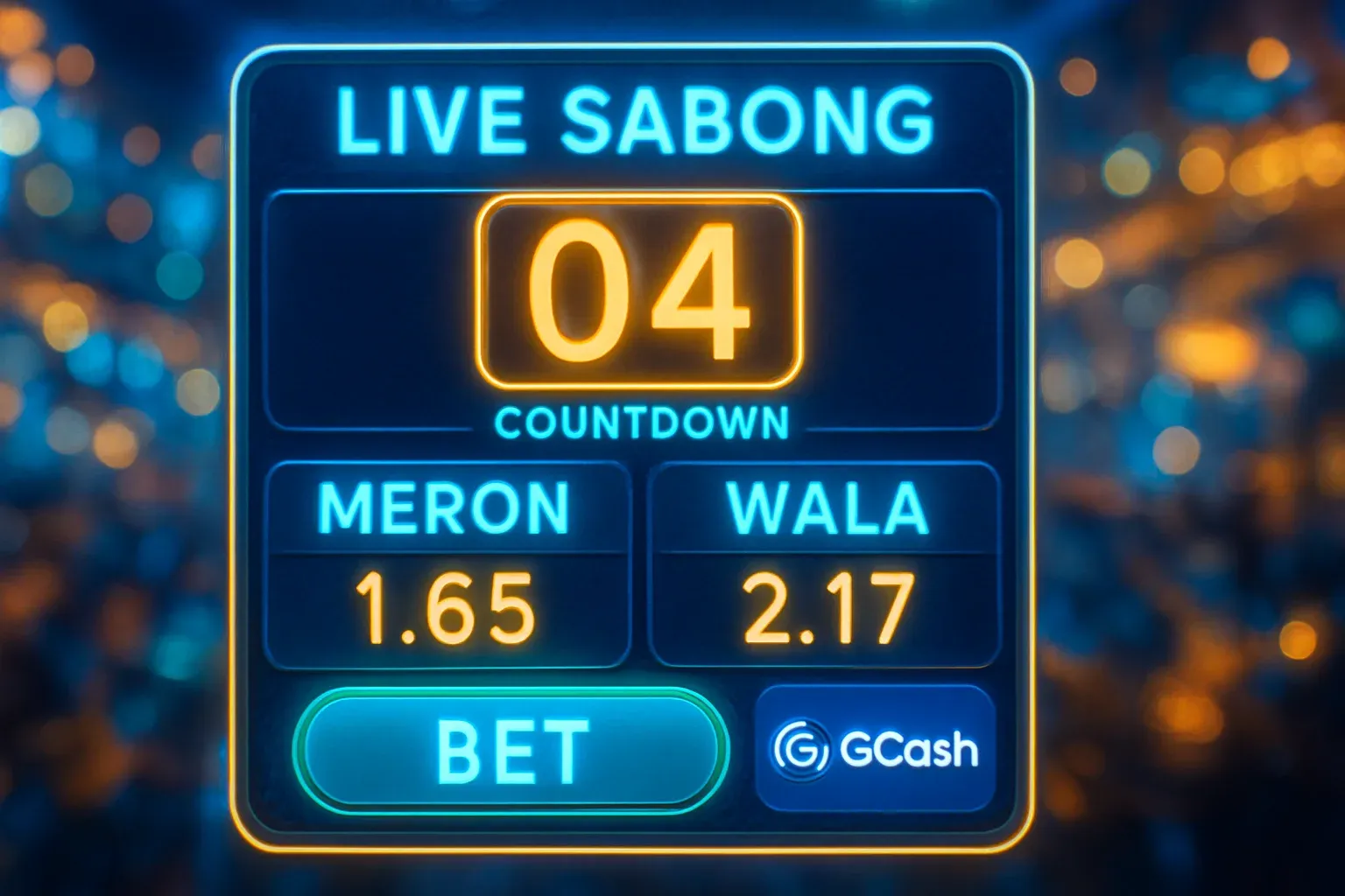 Live sabong countdown timer and Meron vs Wala betting panel with GCash badge