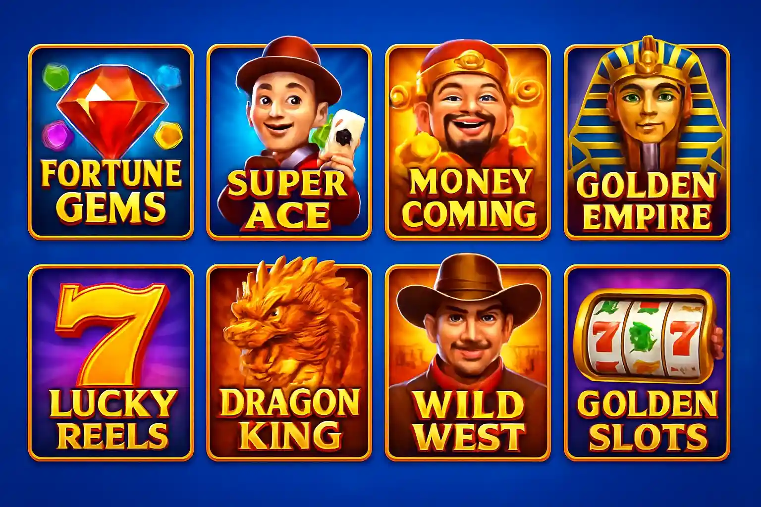 Grid of JILI and PG Soft slot game thumbnails on blue background