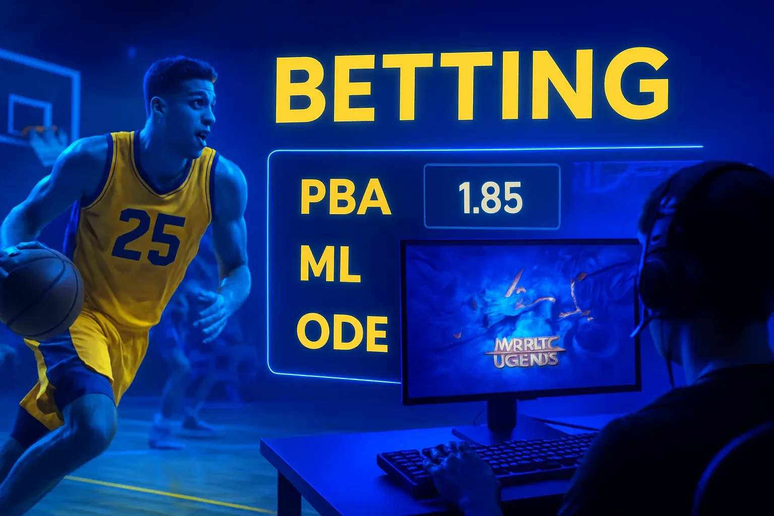 Dynamic Philippine sports betting banner with PBA action and Mobile Legends setup